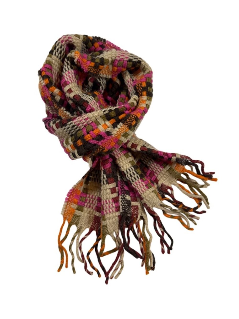 Vintage Colorful Italian Scarf Woven With Lambswool & Acrylic Fringe (i1104)
